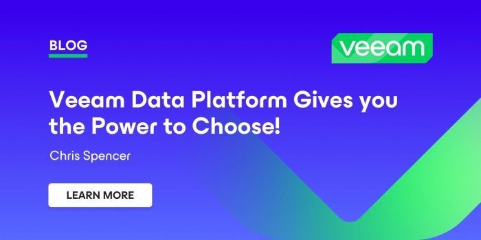 Veeam Data Platform blog banner with gradient background and 'Learn More' button.